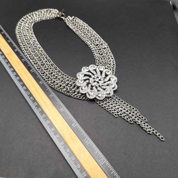 Formal Rhinestone Floral Pendant Necklace, Layered Silver Tone Chain, 16 Inches - Picture 7 of 9